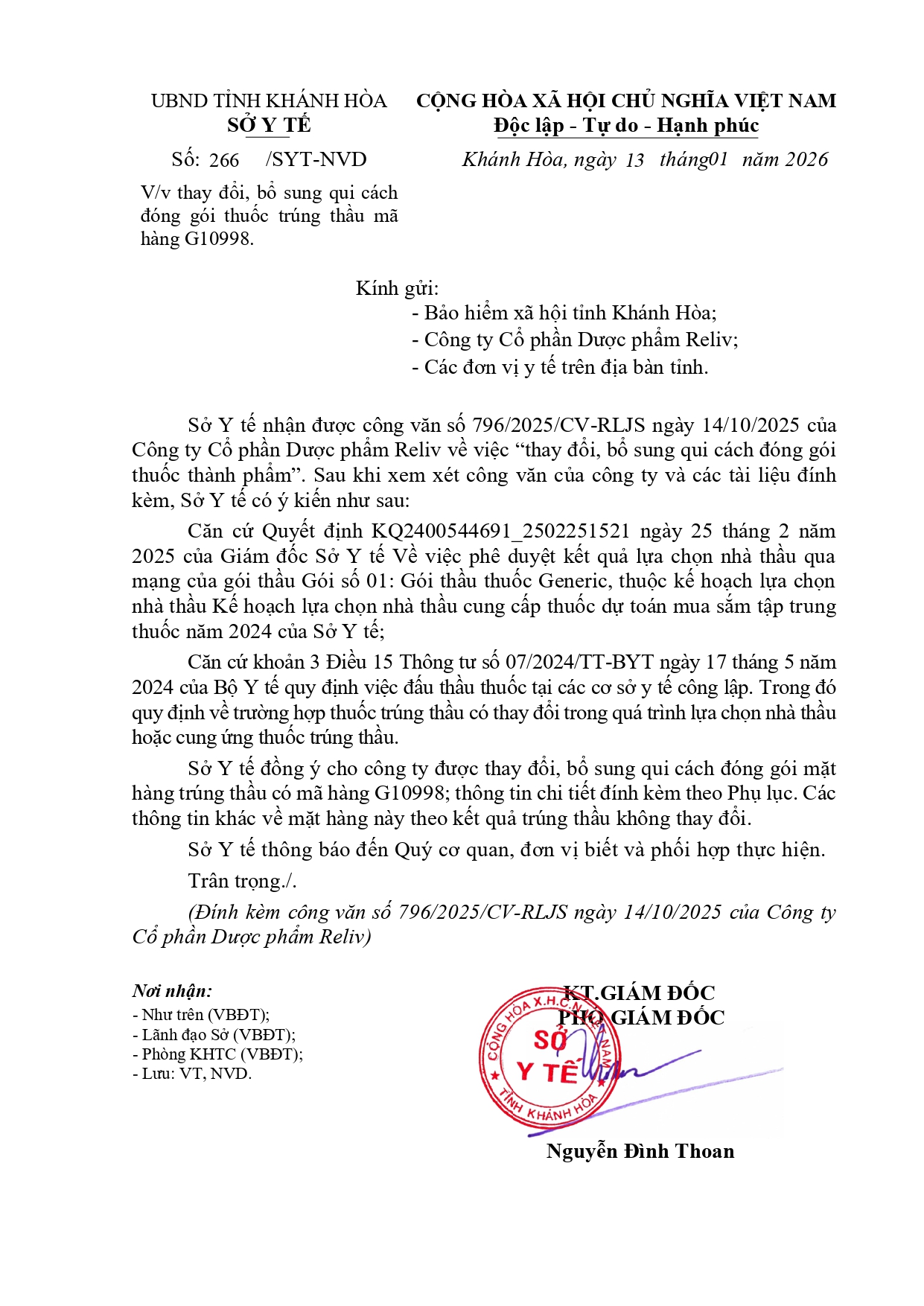 V/v thay đổi, bổ sung qui cách đóng gói thuốc trúng thầu mã hàng G10998.